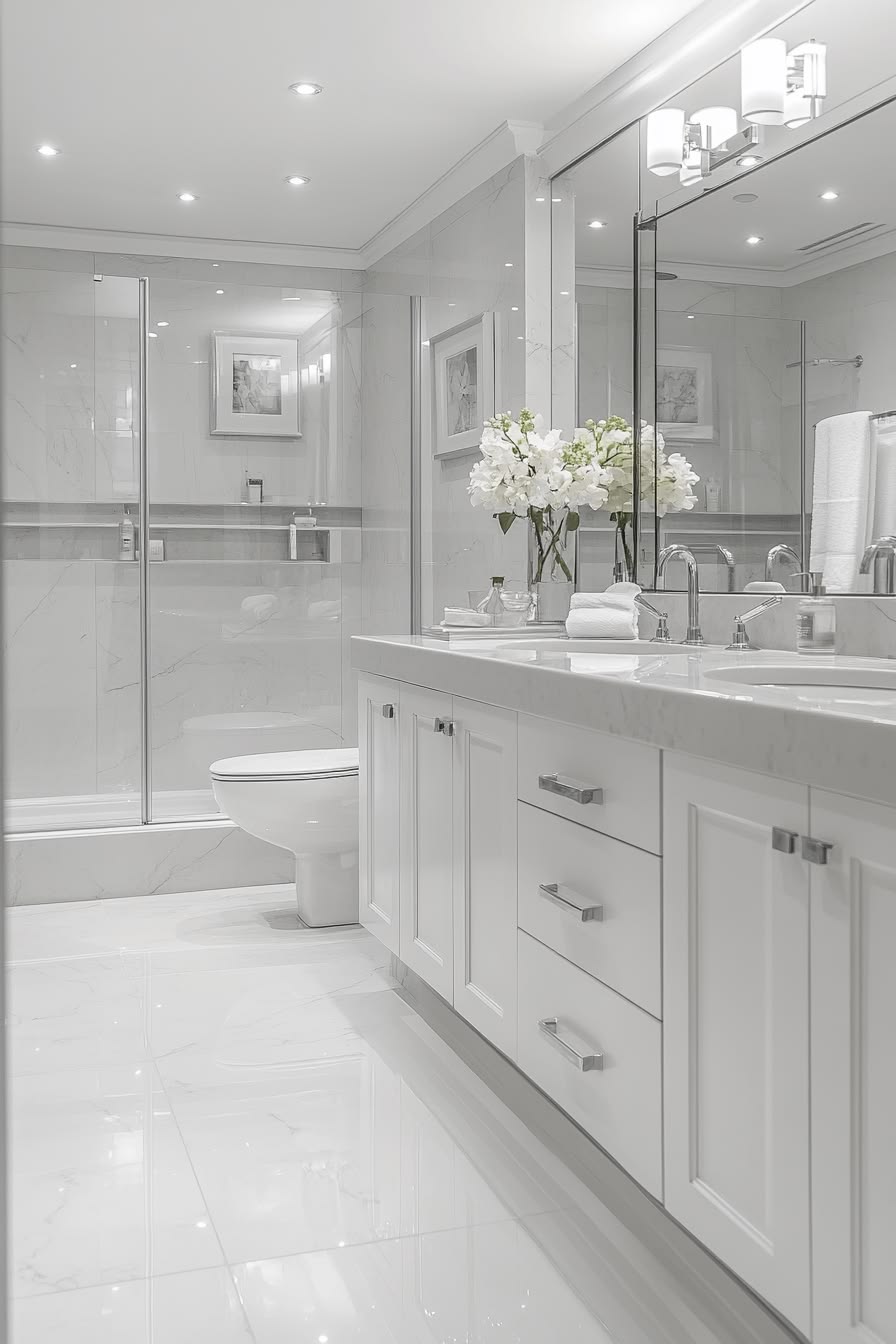 Luxury white marble bathroom with chrome fixtures